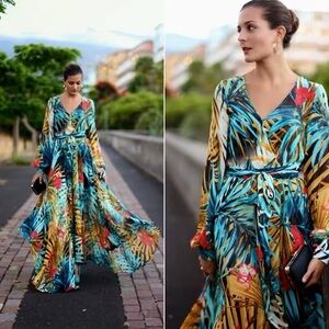 Tropical Print V-Neck Maxi Dress - Blue Multi
